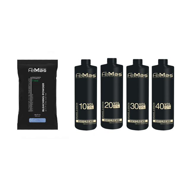 FemMas Blondierpulver Blau mit Arganöl 500g + Oxycreme 1 L 3,6,9,12%